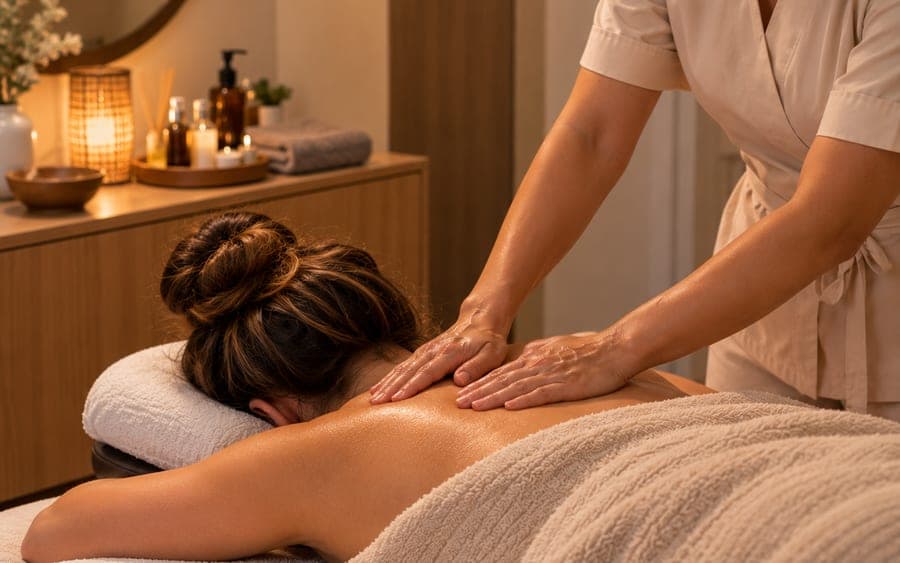 Mains à plat sur le haut du dos d’une femme allongée, chignon brun, lumière douce