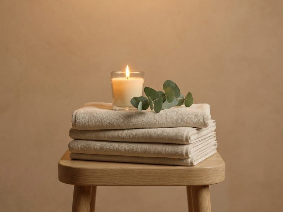 Pile de serviettes beiges sur un tabouret en bois, bougie allumée et brin d’eucalyptus, devant un mur ocre