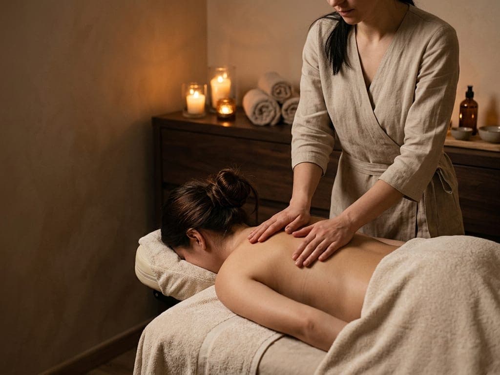 Massage du dos en lumière tamisée : une praticienne en tunique de lin, les mains sur une cliente allongée